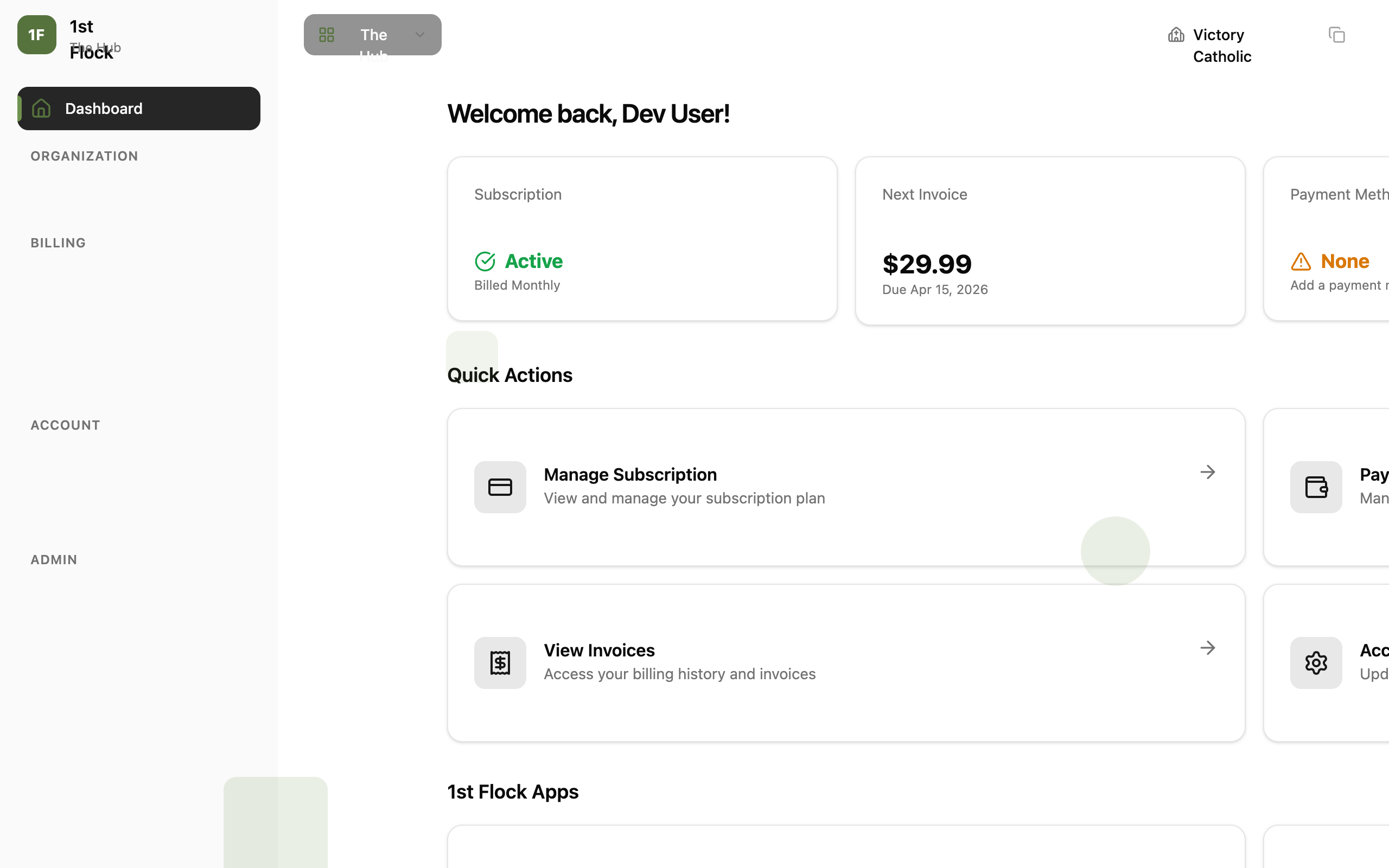Billing overview page showing billing address, payment status, current plan summary, and quick navigation links to Payment Methods, Invoices, and Donations