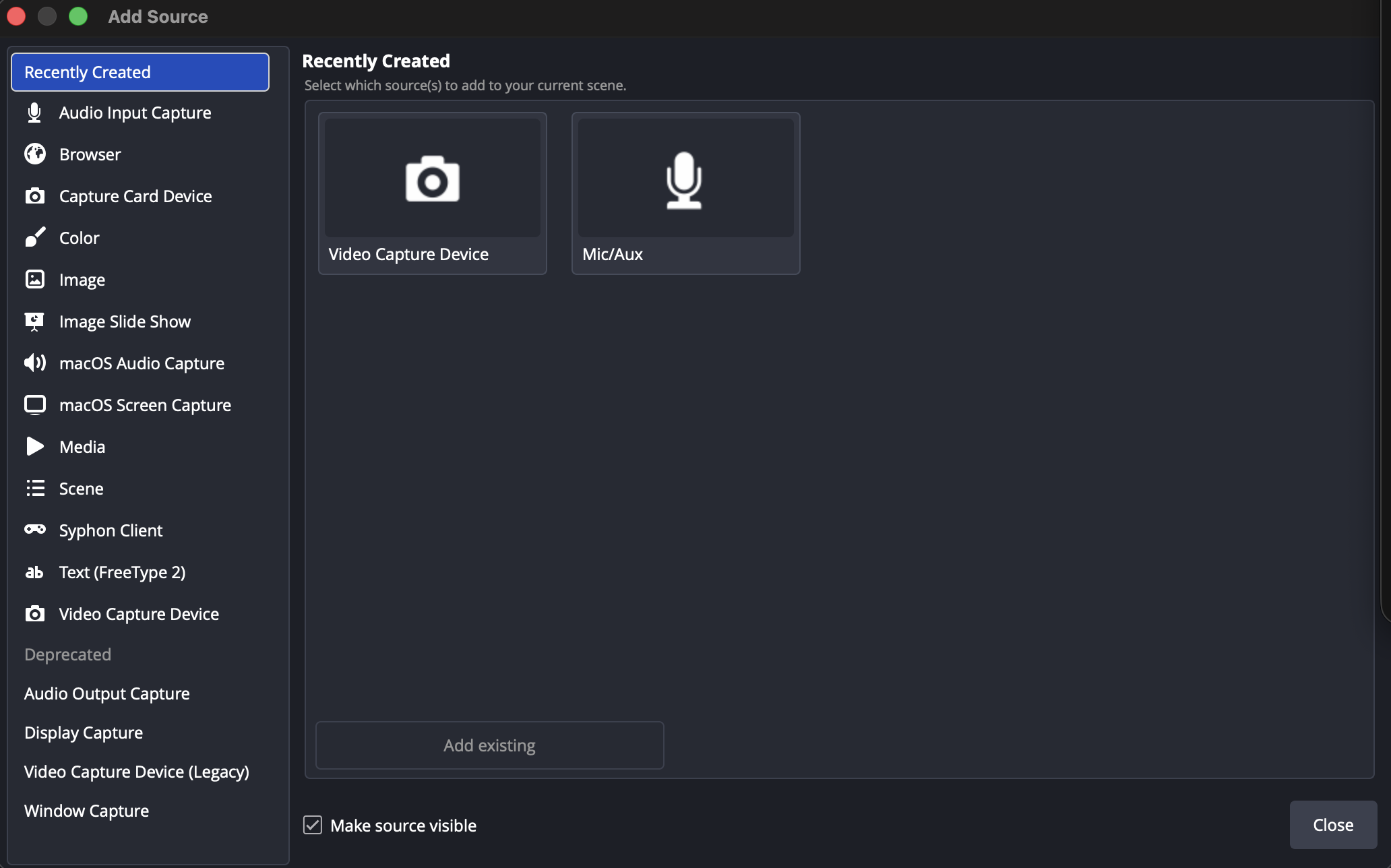 The OBS Add Source window, listing source types including Audio Input Capture and Video Capture Device
