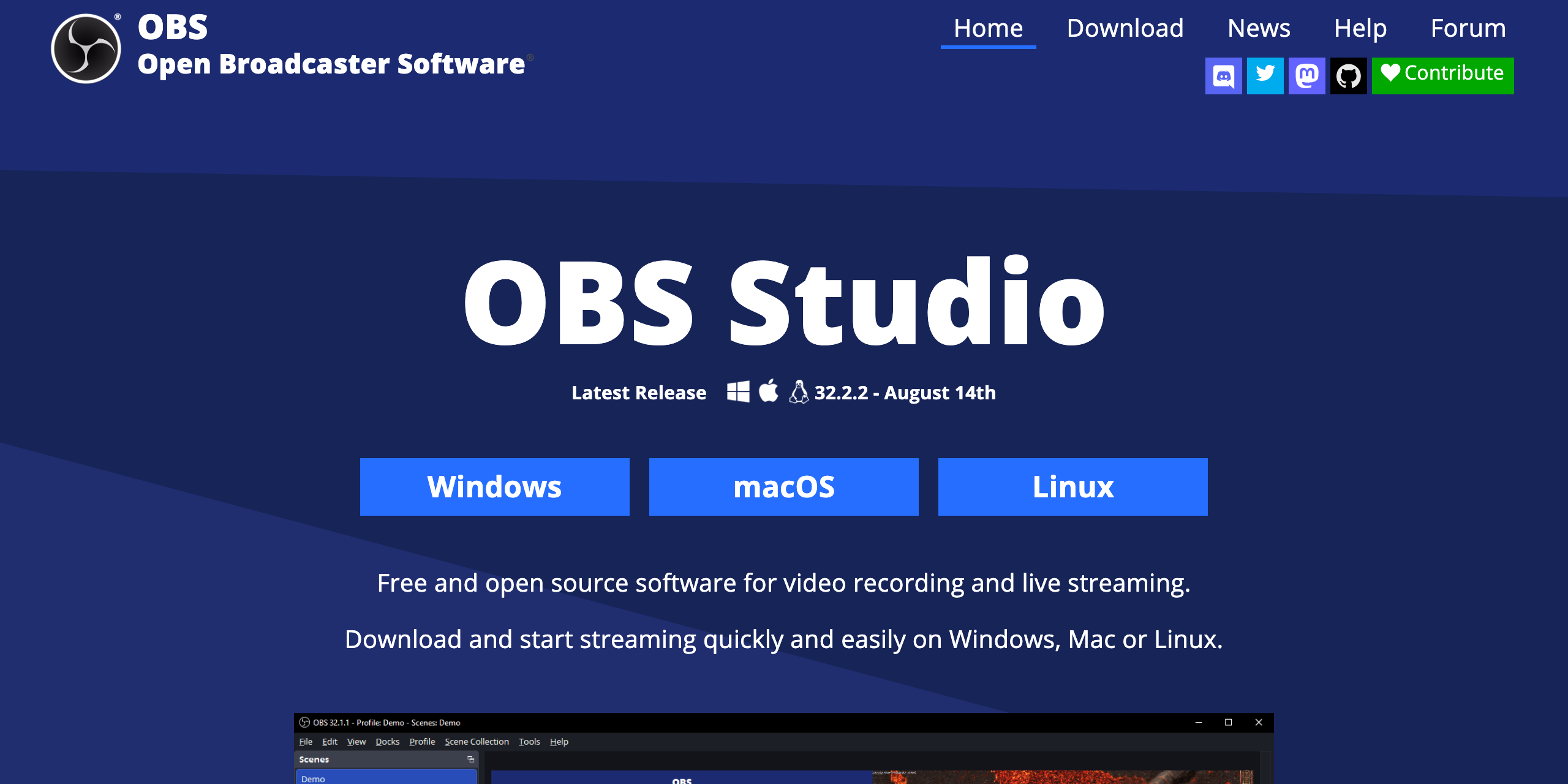 The OBS Project download page with buttons for Windows, macOS, and Linux