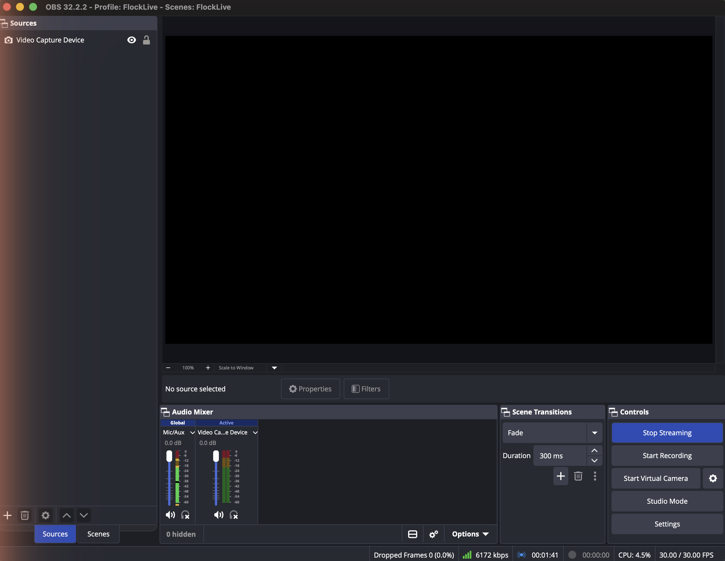 The OBS main window while live, with the Start Streaming button now reading Stop Streaming and the status bar showing bitrate and dropped frames