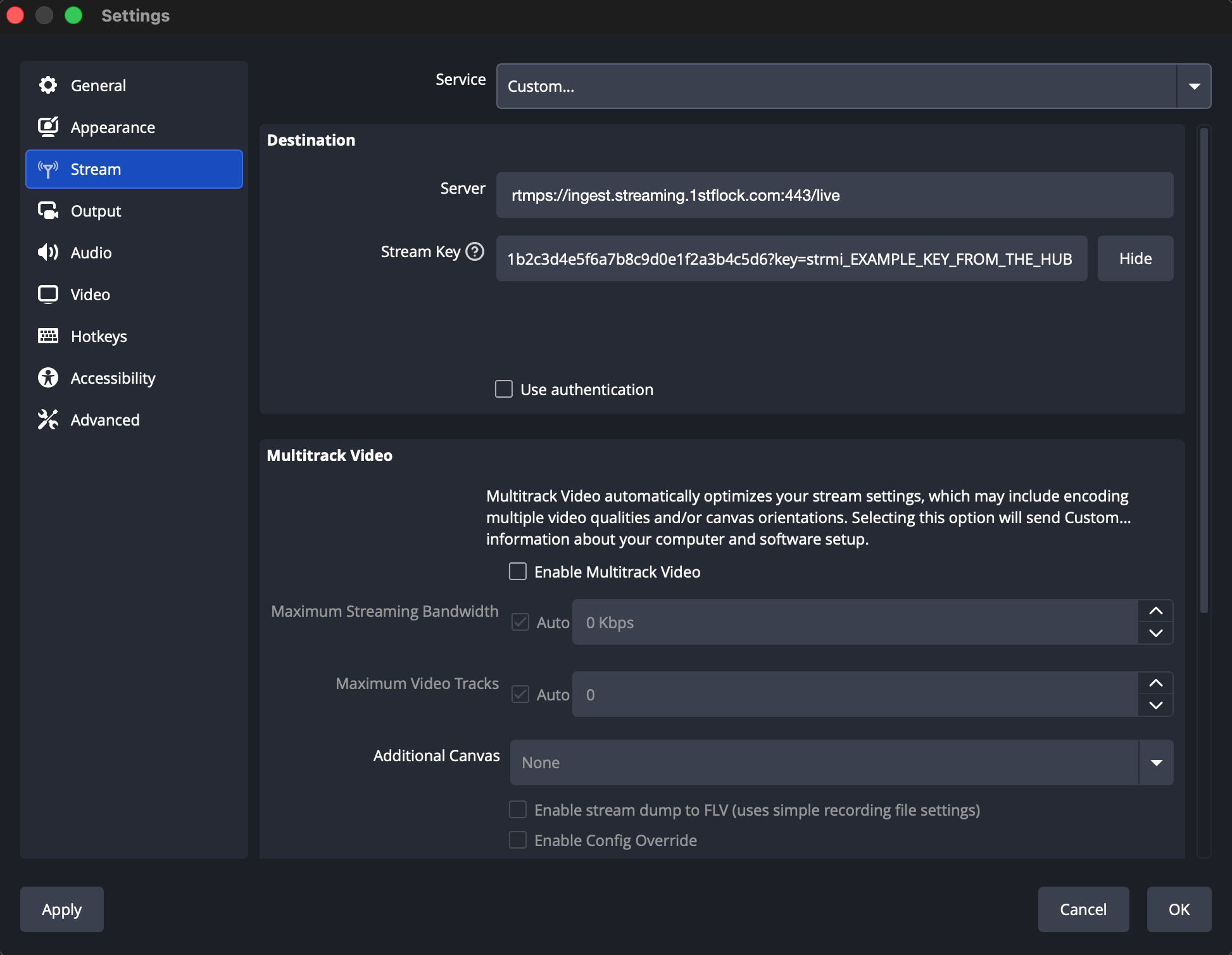 The OBS Settings window open to the Stream section, with Service set to Custom and the Server and Stream Key fields filled in