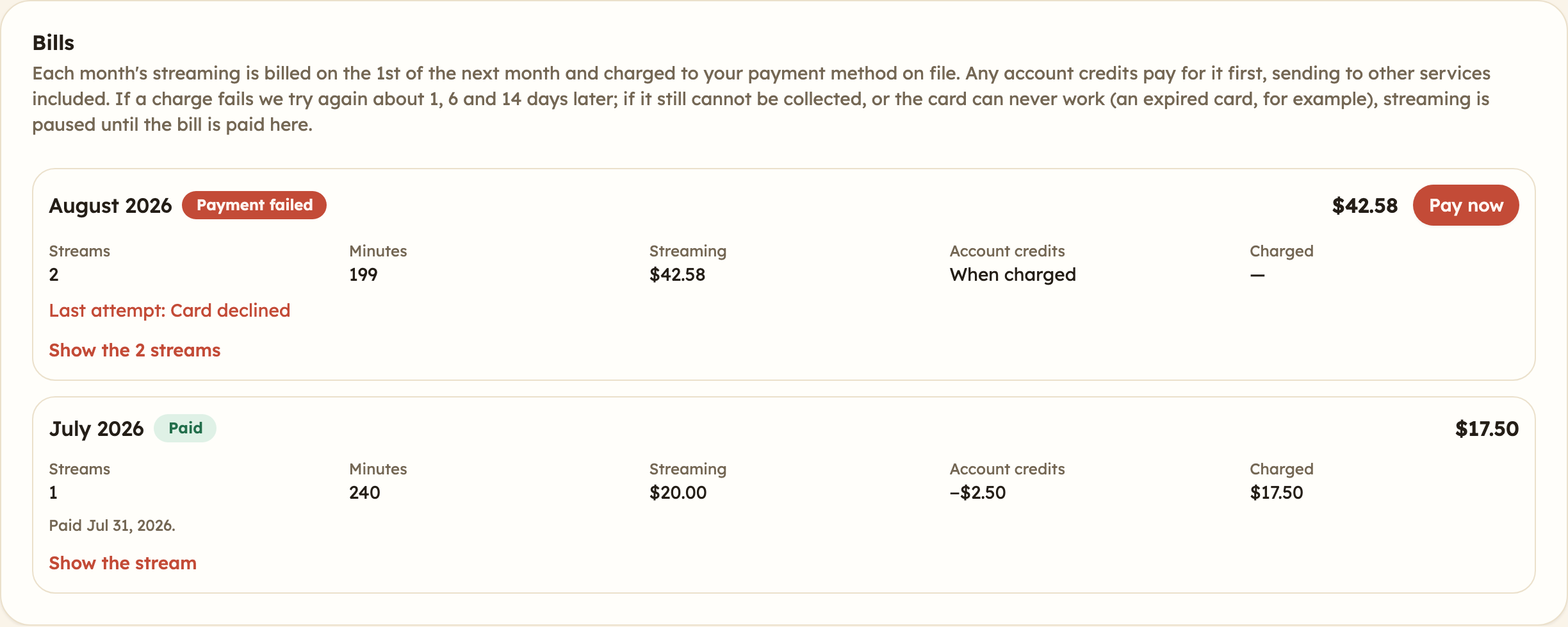 The Bills card in the Hub showing an August bill marked Payment failed with its streams, minutes, price and a Pay now button, and a paid July bill with its account credits and charge