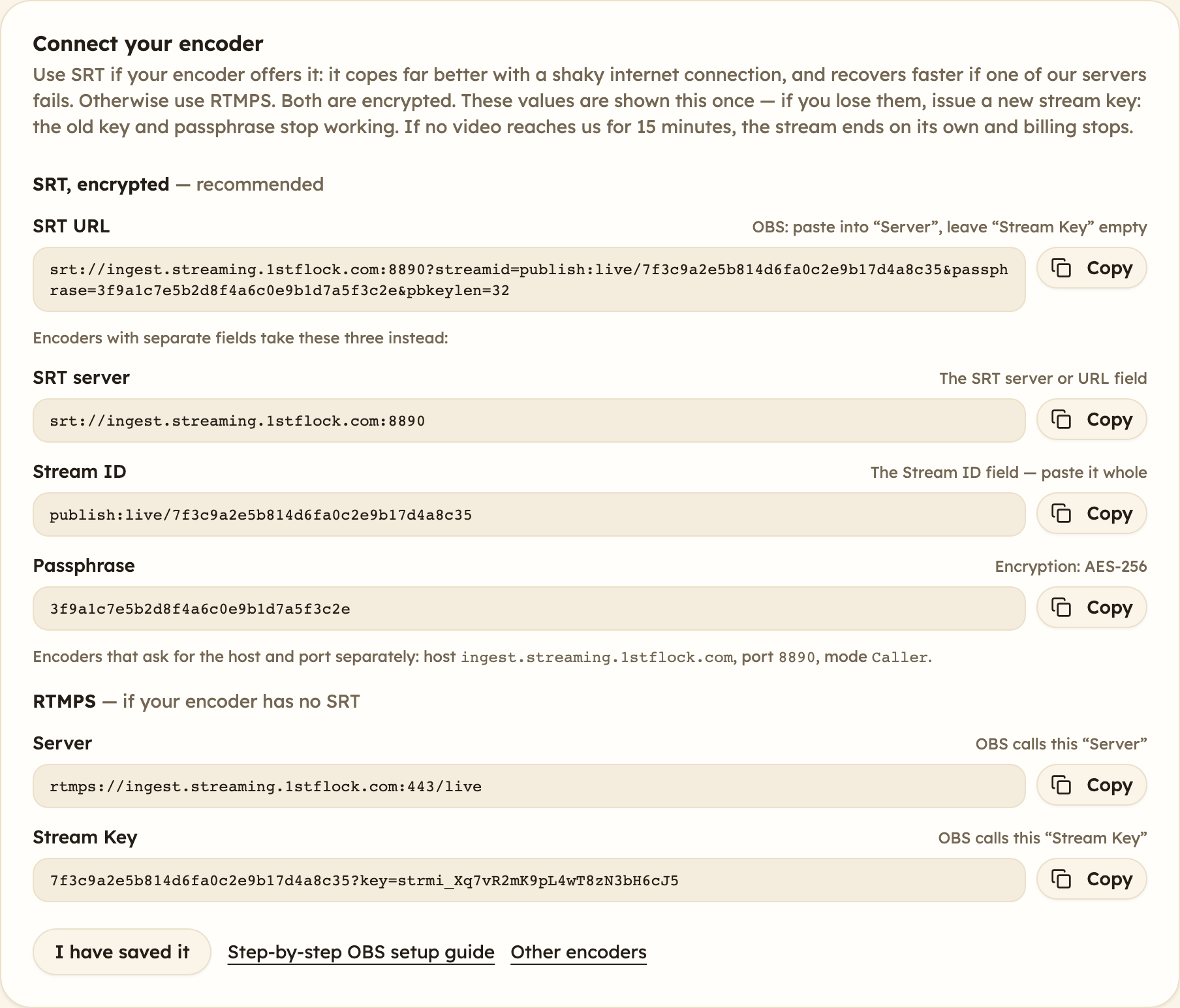 The Connect your encoder card: SRT first, with the SRT URL, SRT server, Stream ID and Passphrase, then RTMPS with the Server and Stream Key, each with a Copy button