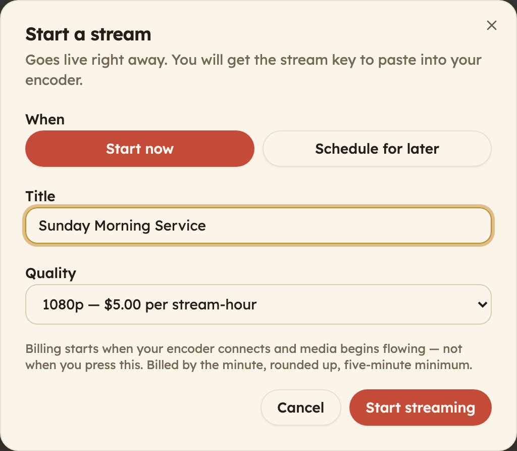 The Start a stream dialog showing the When toggle with Start now and Schedule for later, a Title field, and a Quality dropdown